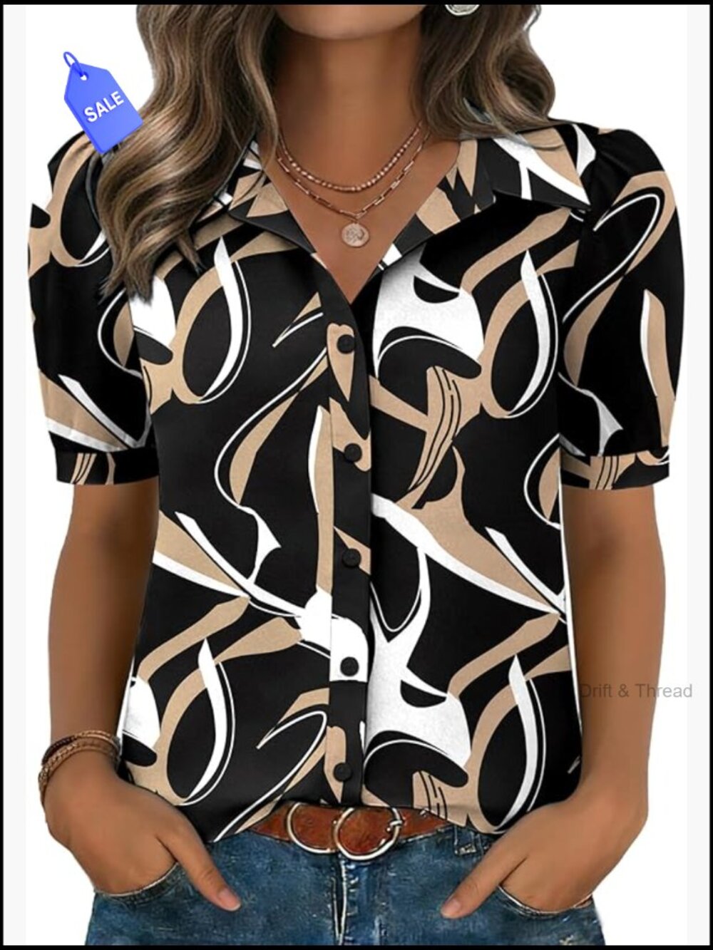 Women Puff Short Sleeve Button Down Blouse Chiffon Business Casual Top